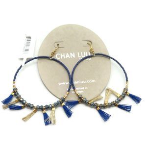 Chan Luu Blue Metallic Crystal Royal Blue Gold Beaded Hoop Hook Earrings 2" NWT